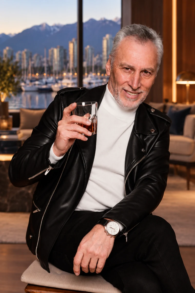 A silver-haired gentleman relaxing in a refined waterfront lounge